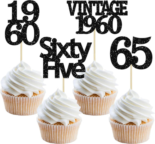 Gyufise 24Pcs Vintage 1960 Cupcake Toppers Glitter Cheers to 65 Fabulous Sixty Five Cupcake Picks 65th Birthday Wedding
