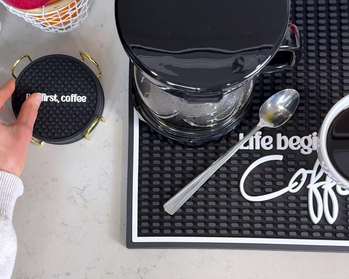 Life Begins After Coffee Silicone Bar Mat 18x12 in, Funny Mom Gift, Coffee Lover Gift for Women and Men, Non-Slip Espresso Machine Mat, Coffee Bar Station Decor, Hostess Gift
