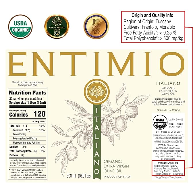 Entimio Italiano Organic Italian Extra Virgin Olive Oil from Italy, 500+ mg/kg High in Polyphenols, 2025 Gold Winner, Tuscany evoo, Cold Extracted, Lab Tested for Drinking, Cooking, and Finishing