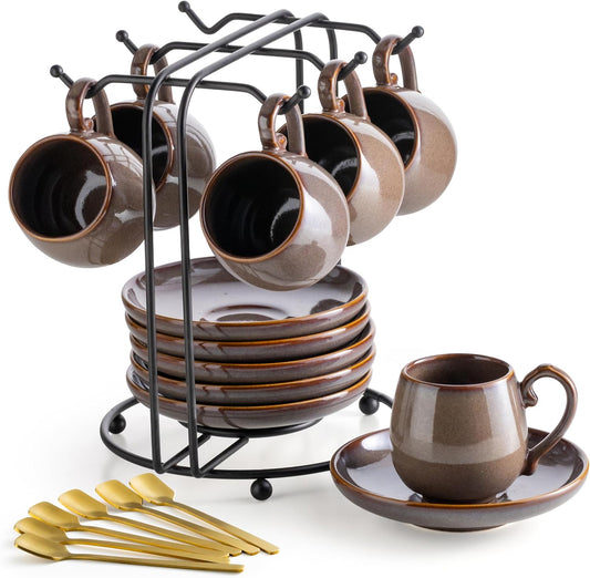 LYEOBOH 3 Ounce Espresso Cups and Saucers Set of 6, Ceramic Small Coffee Cups with Metal Holder and Spoons, Cute Demitasse
