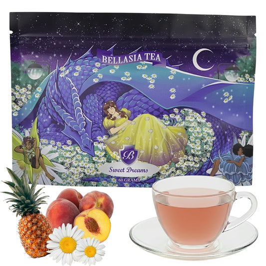 Bellasia Tea Sweet Dreams Cozy Kids Sleepy Time Tea– Relaxing Chamomile Herbal Blend with Real Peach &amp; Pineapple Pieces- Soothing, Caffeine-Free Herbal Tea for Children – Promotes Calm Bedtime Routine
