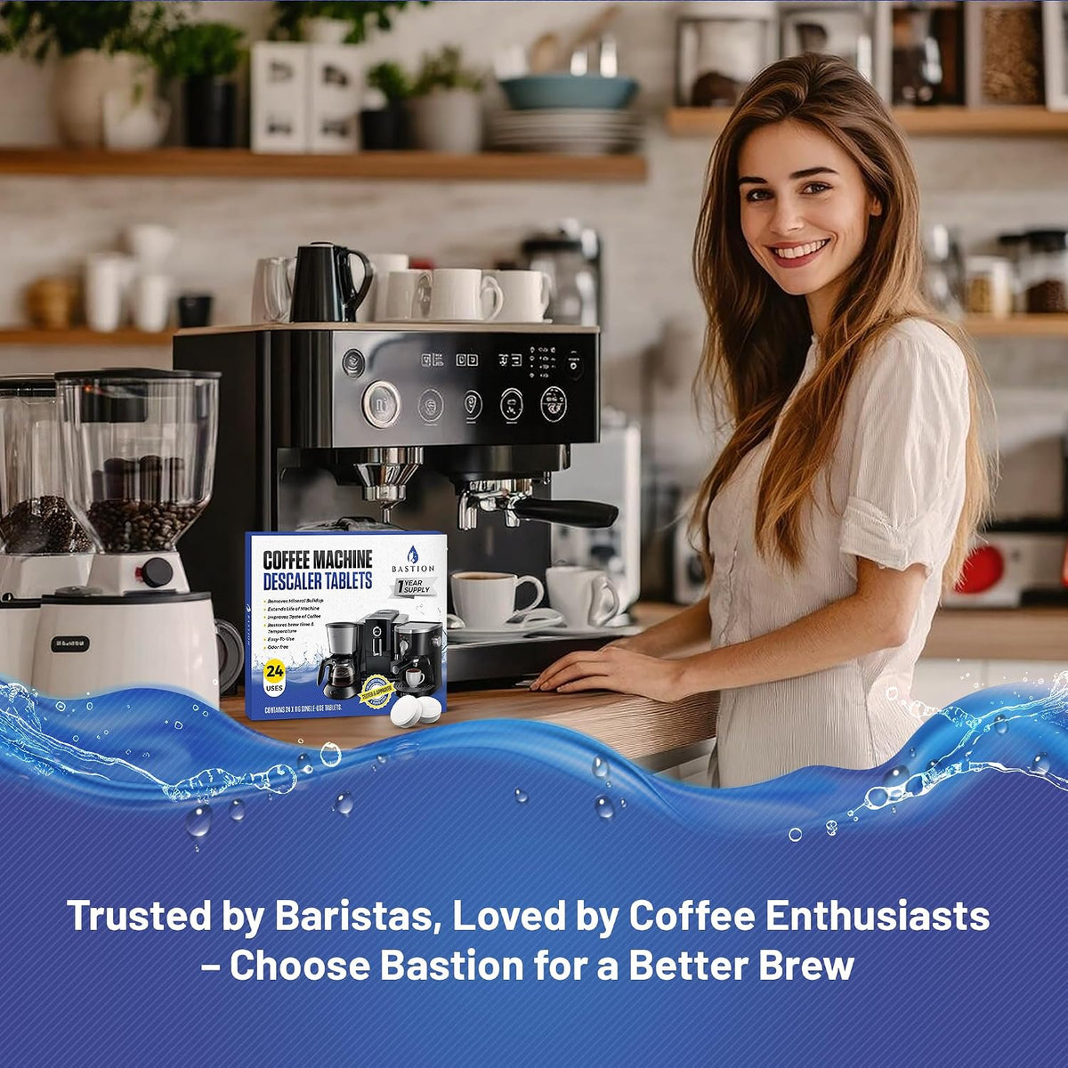Bastion Coffee Machine Cleaner &amp; Descaler Tablets - 24 Count | Deep Clean &amp; Descale for Keurig, Nespresso, Ninja, Braun, Cuisinart &amp; More | Extend Machine Life &amp; Enhance Coffee Flavor