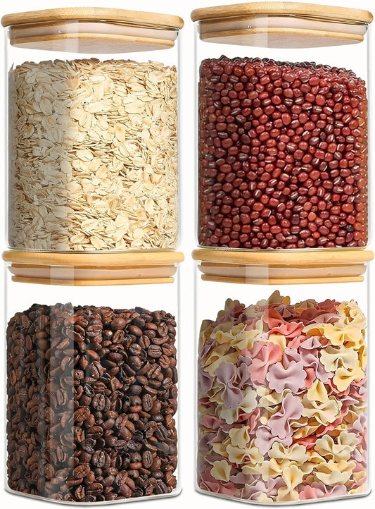 Square Glass Jars Canister with Wood Lid 37 FL OZ [Set of 4], Container Jar with Sealing, Lids for Oat Pasta Flour Cereal