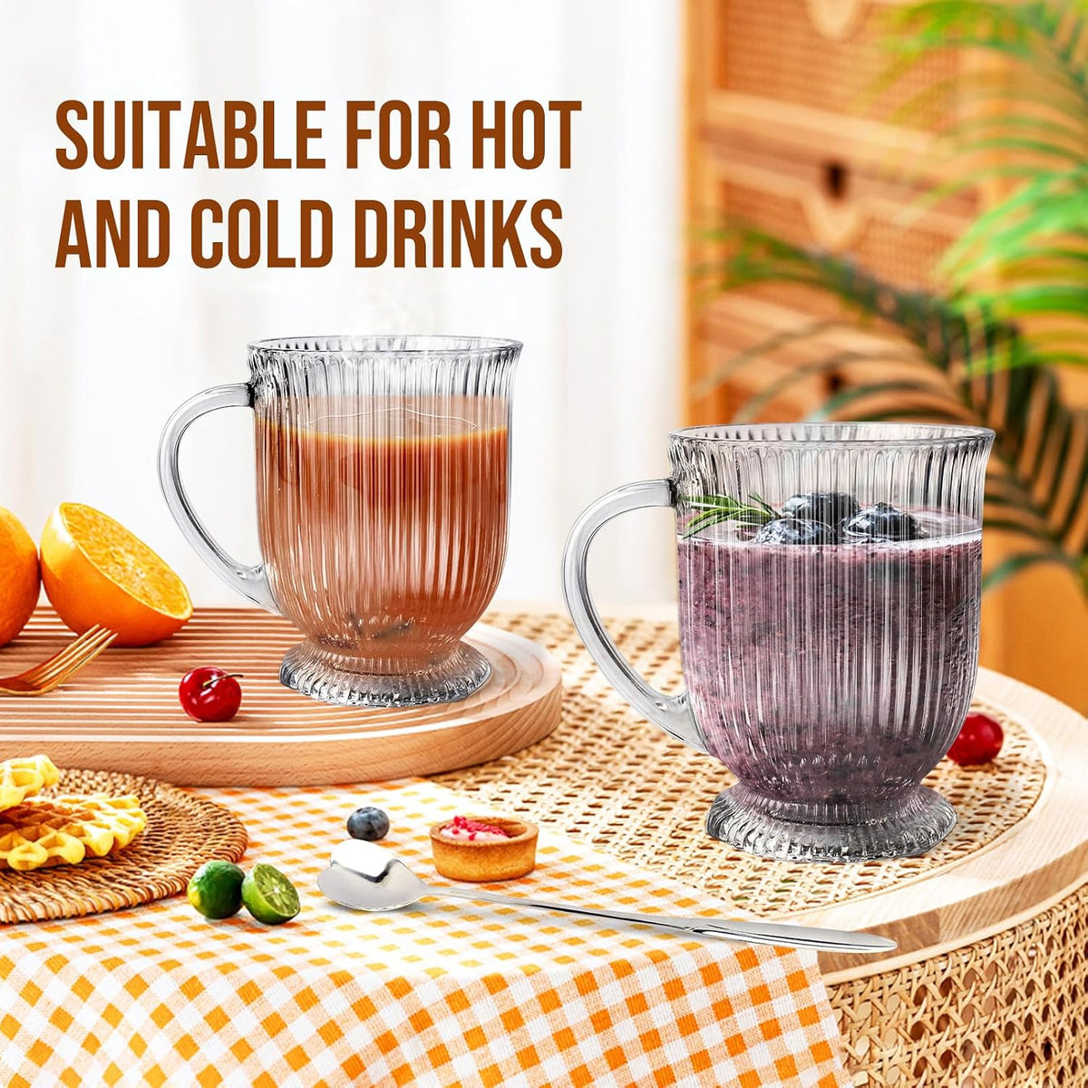 Ribbed Glass Coffee Mugs Set of 4,16 Oz Clear Diner Cups,Large Espresso Cups with Spoon, Glass Mugs with Handle Latte Cup with Footed Base for Hot Beverages,Cappuccino Cups, Stylish Drinkware