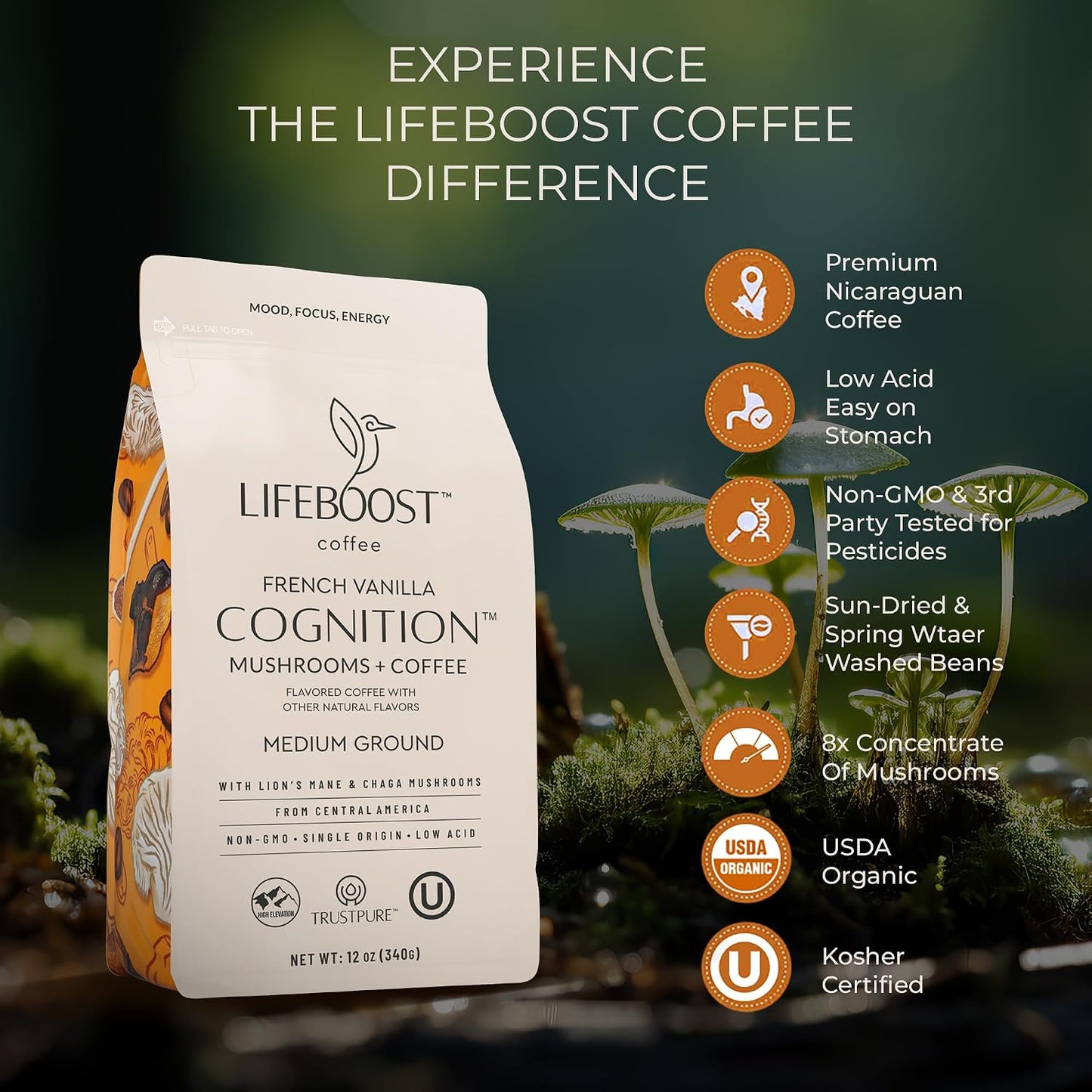 Lifeboost French Vanilla Cognition Mushroom Coffee - Low Acid Medium Organic Coffee with Nootropic Lions Mane &amp; Chaga Mushrooms - Increase Energy, Boost Focus &amp; Immune Support - 12 oz Bag - Ground