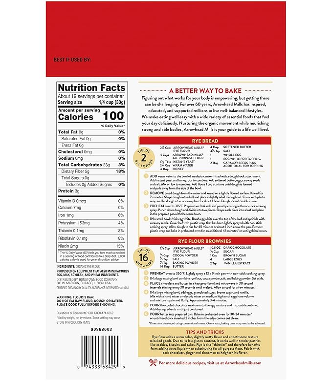 Arrowhead Mills Organic Rye Flour, 20 Ounce (Pack of 6)