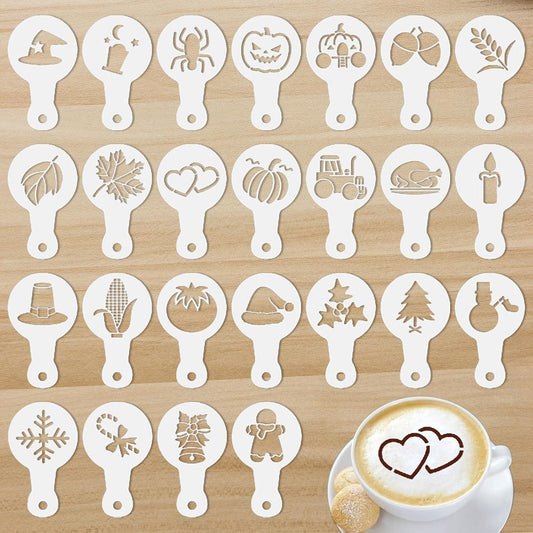 25Pcs Coffee Decorating Stencils, Reusable Cookie Cake Latte Art Stencils Templates Mold Tools, Magnoloran Foam Barista