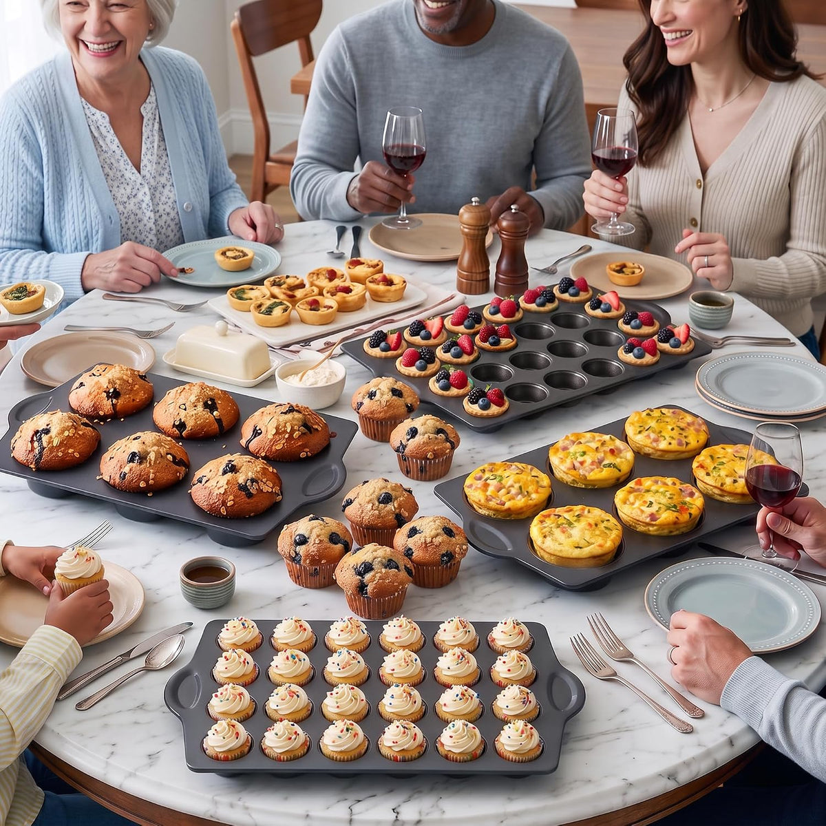 HONGBAKE Mini 24 Ceramic Muffin Pan Set, Nonstick Cupcake Pans with 240 Parchment Paper Liners, Non-toxic, Heavy-duty Small Cheesecake Tray with Ear Shaped Wider Grips, Gray