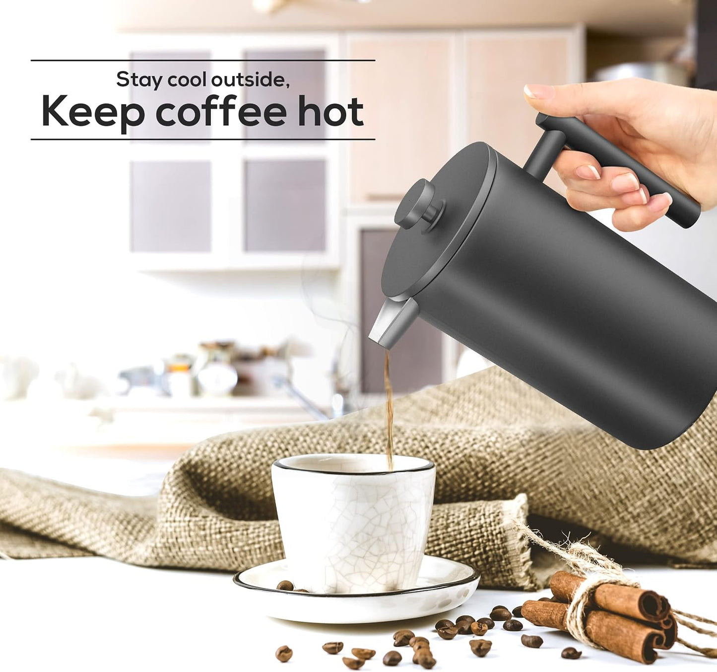 Utopia Kitchen 304 Grade Stainless Steel French Press 17 Oz, Black | Double Wall Insulated Coffee Press with 4-Level Filtration System, Include 2 Extra Filters, Rust-Free, Dishwasher Safe