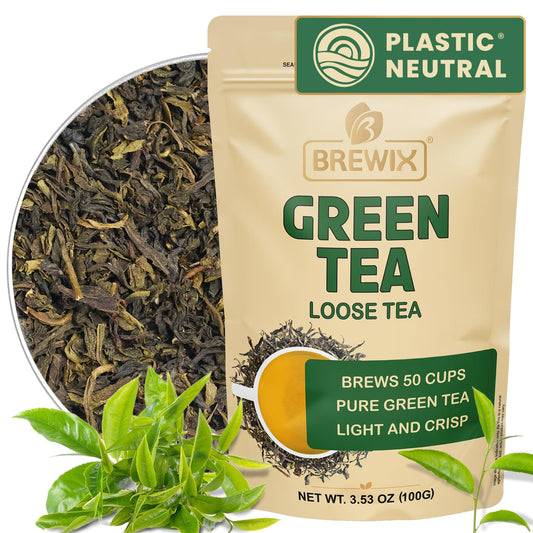 BREWIX Darjeeling Green Tea Loose Leaf (50+ Cups, 3.53oz, 100g) | Pure Single Origin Himalayan Green Tea from India | High Elevation Grown, Smooth and Mellow | Hot or Iced | Gluten Free and Vegan