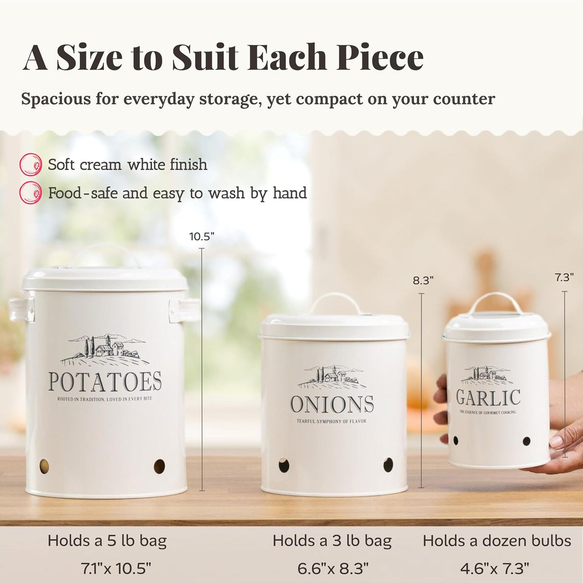 Potato and Onion Storage Bin Set – 3 Metal Farmhouse Canisters with Ventilation Holes – Rustic Kitchen Organizer for Garlic, Onion, and Potato Storage – Countertop or Pantry Use