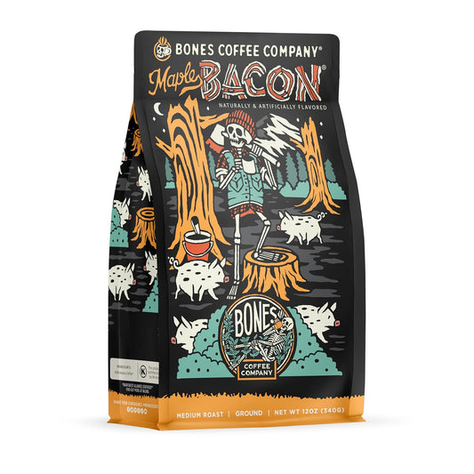Bones Coffee Company Maple Bacon, Bacon and Maple Syrup Flavored Coffee, Medium Roast Low Acid Arabica Beans Compatible with