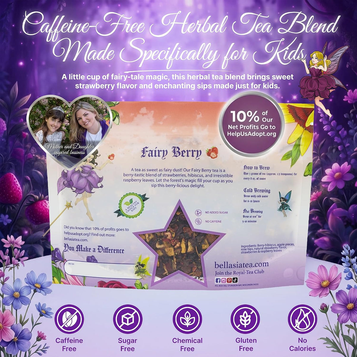 Bellasia Tea Fairy Berry for Kids Using Real Strawberry Pieces- Caffeine Free Herbal Tea Blend with Real Ingredient &