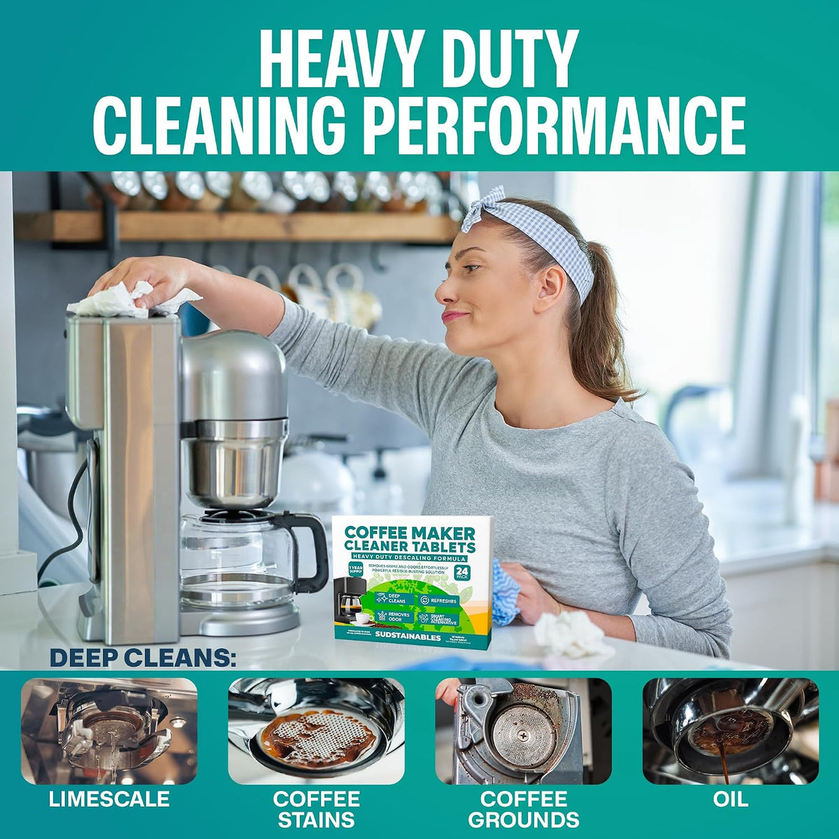 Sudstainables Coffee Maker Cleaner Tablets, Descaler, 24 Count | Removes limescale, coffee oils and stains. Compatible with Keurig, Nespresso, Breville and espresso machines.