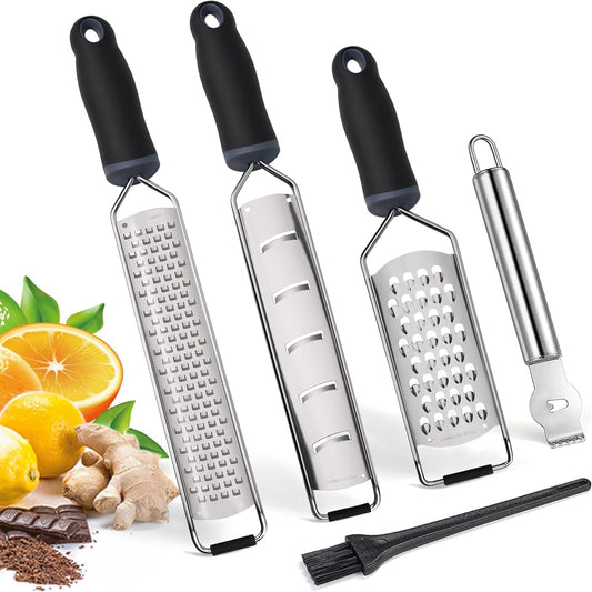 ALLWIN-HOUSEWARE Cheese Grater Zester Set of 5, 304 Stainless Steel with TPE Handle Kitchen Grater & Peeler & Slicer for