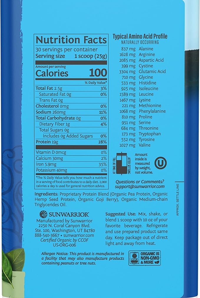Vegan Organic Protein Powder Plant-based | BCAA Amino Acids Hemp Seed Soy Free Dairy Free Gluten Free Synthetic Free NON-GMO | Unflavored 30 Servings | Warrior Blend by Sunwarrior