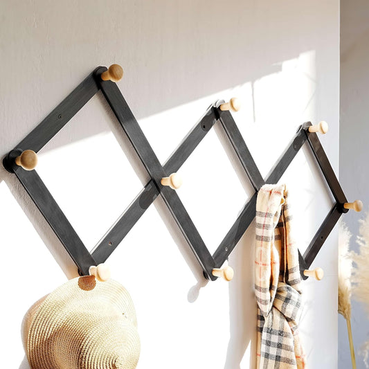 Dseap Expandable Coat Rack (Larger Version) - 24” High, Anti-Slip, Ultra Heavy Duty Wooden Accordian Wall Hanger with 10