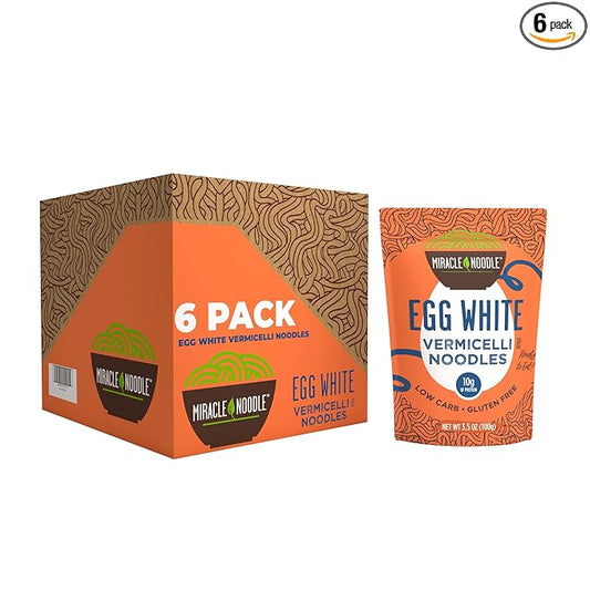Miracle Noodle Egg White Vermicelli Pasta, 3.5 Oz (Pack of 6), Ready to Eat Egg White Noodles, 10g Protein, 45 Calories, 1g