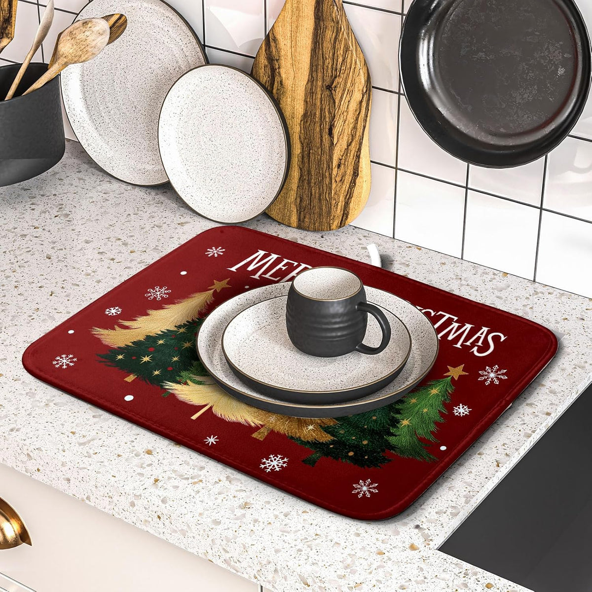 Xmas Tree Red Dish Drying Mat for Kitchen Counter,Winter Snowflake Drying Mat 16 x 18 Inch with High Absorbent Microfiber Drainer Mat for Coffee Bar