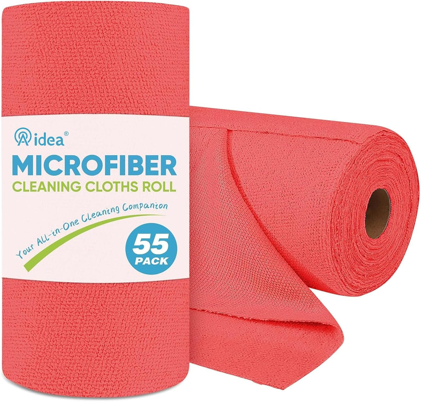 AIDEA Microfiber Cleaning Cloth Roll, Red Shop Towels 55 Sheets Washable, Microfiber Towels for Cars