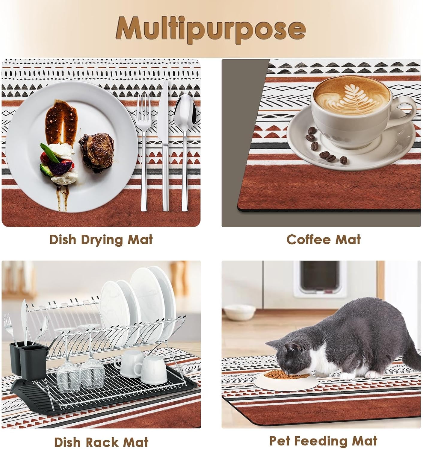 Arttown Coffee Mat for Countertops, 2 Pcs, 12" x 19" Boho Stripes | Rust Industrial Art Dish Drying Mats Rubber Backed, Kitchen Bar Accessories for Espresso Machine Rack Hide Stain