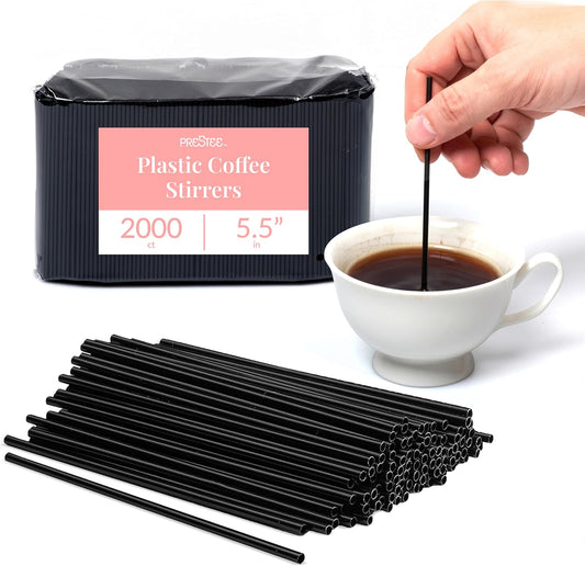 Prestee Plastic Coffee Stirrers 5.5 Inch, 2000 Count - Disposable Black Drink Stir Sticks for Coffee, Tea, Cocktails &