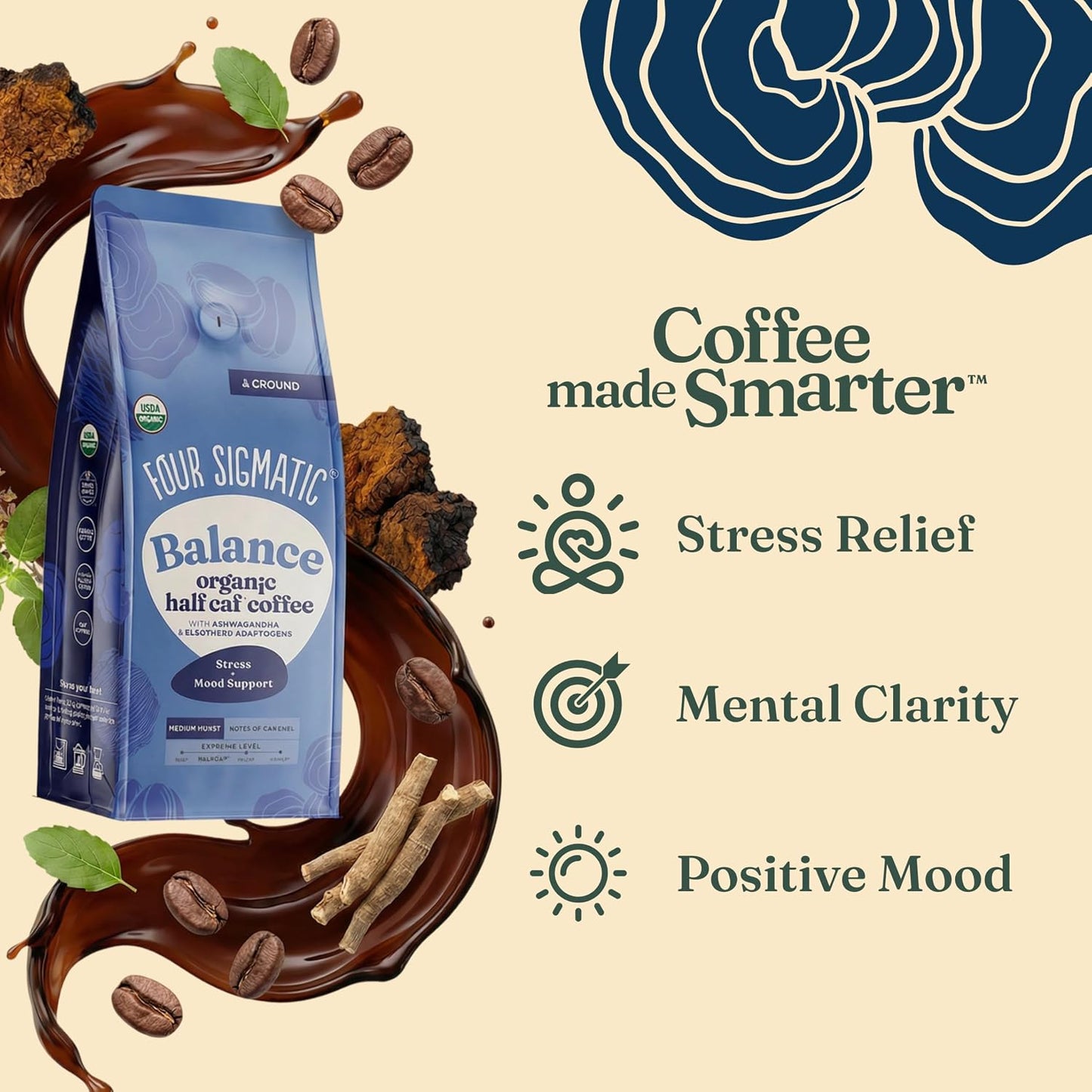 FOUR SIGMATIC Organic Balance Adaptogen Ground Coffee, 12 OZ