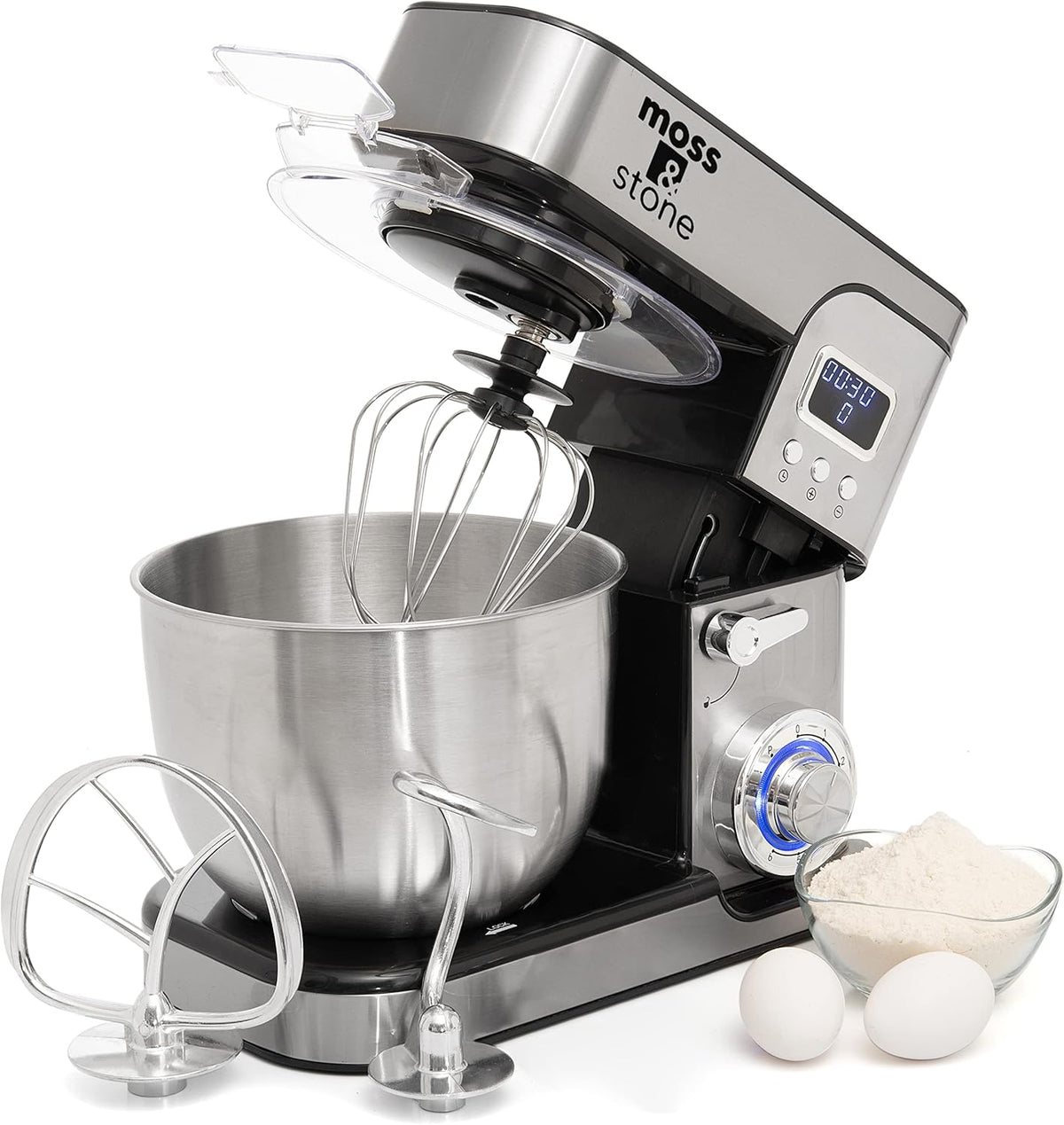 Moss &amp; Stone Stand Mixer With Lcd Display, 6 Speed Electric Mixer With 5.5 Quart Stainless Steel Mixing Bowl, Kitchen Mixer With Dough Hook, Egg Whisk, Beater &amp; Baking Spatula, Food Mixer With Timer