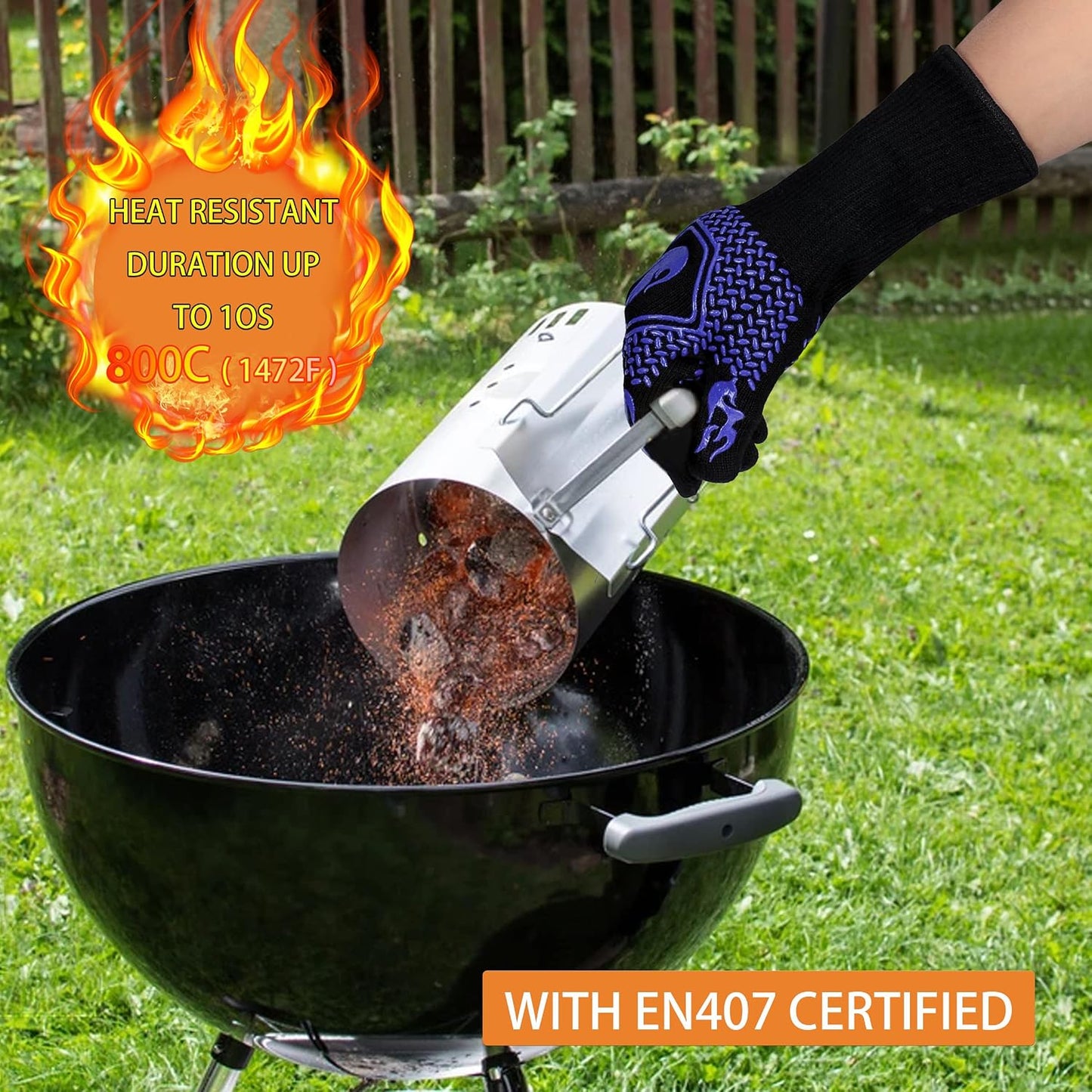 BBQ Gloves 1472F Heat Resistant Non-Slip Silicone 13.5in (Blue) | Grill Cut-Resistant, Oven Kitchen Safe for Barbecue, Cooking, Frying