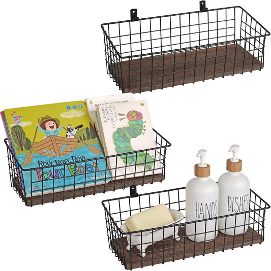 Wall Hanging Baskets 3 Pack, Extra Large Diversified Wire Basket Shelves of Wooden Style, with Wall Mounted Hooks &