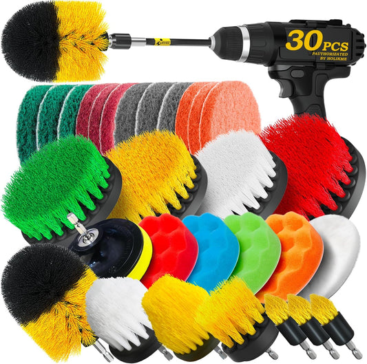 Holikme 30Pack Drill Brush Attachments Set,Scrub Pads & Sponge, Power Scrubber Brush with Extend Long Attachment All Purpose