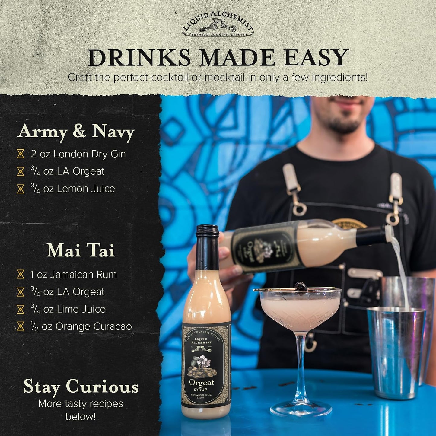 Liquid Alchemist Orgeat Syrup for Cocktails | Real Ingredients Make Our Almond Orgeat Syrup for Drinks the Perfect Mai Tai Mix | Small Batch, Non-GMO &amp; Vegan | 12.7 oz Drink Mixer, Pack of 1
