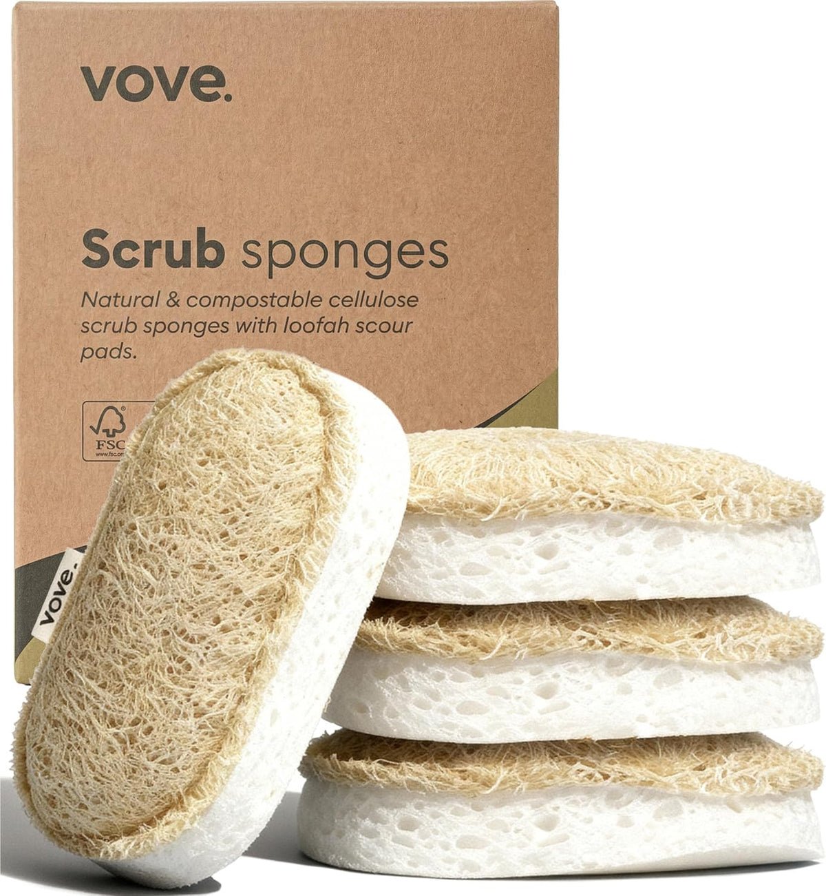 Vove Scrub Sponges 4 Pack, Cellulose and Cotton with Natural Loofah