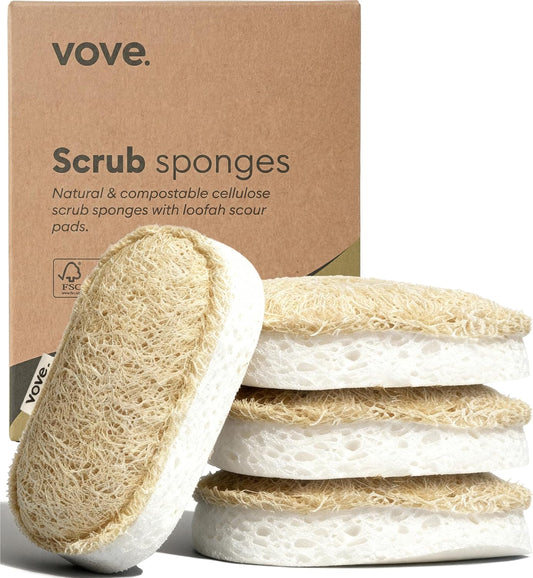 Vove Scrub Sponges 4 Pack, Cellulose and Cotton with Natural Loofah