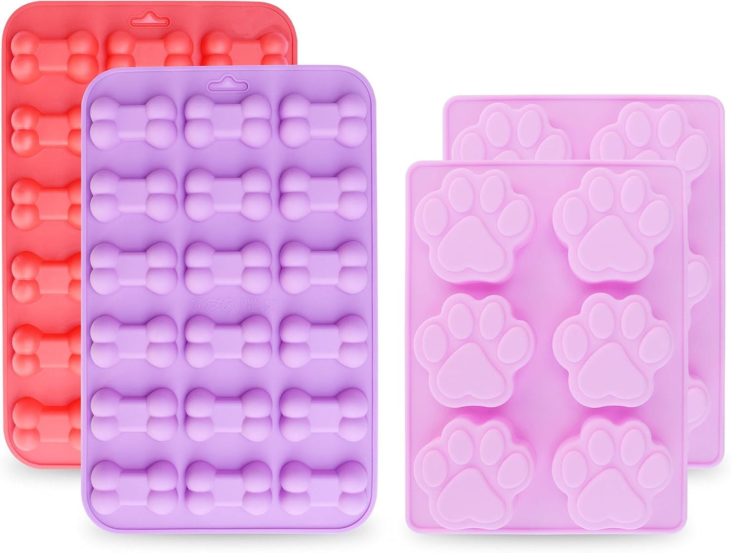 homEdge Jumbo Puppy Dog Paw (6 Cavity) and Bone Molds, Non-Stick Food Grade Silicone Dog Treats Molds for Chocolate, Candy, Jelly, Ice Cube (Set of 4PCS)
