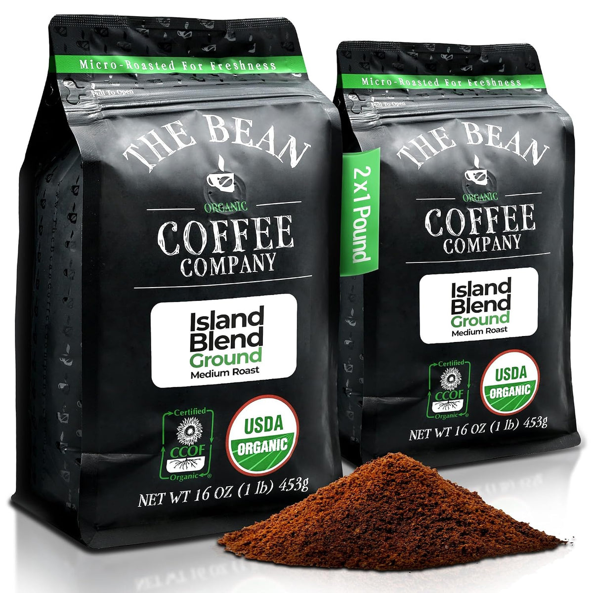 The Bean Organic Coffee Co. Island Blend, Medium Roast, Ground, 2 x 1 lb | Complex, bold medium roast with island warmth. Organic ground coffee. 2 x 1 lb.
