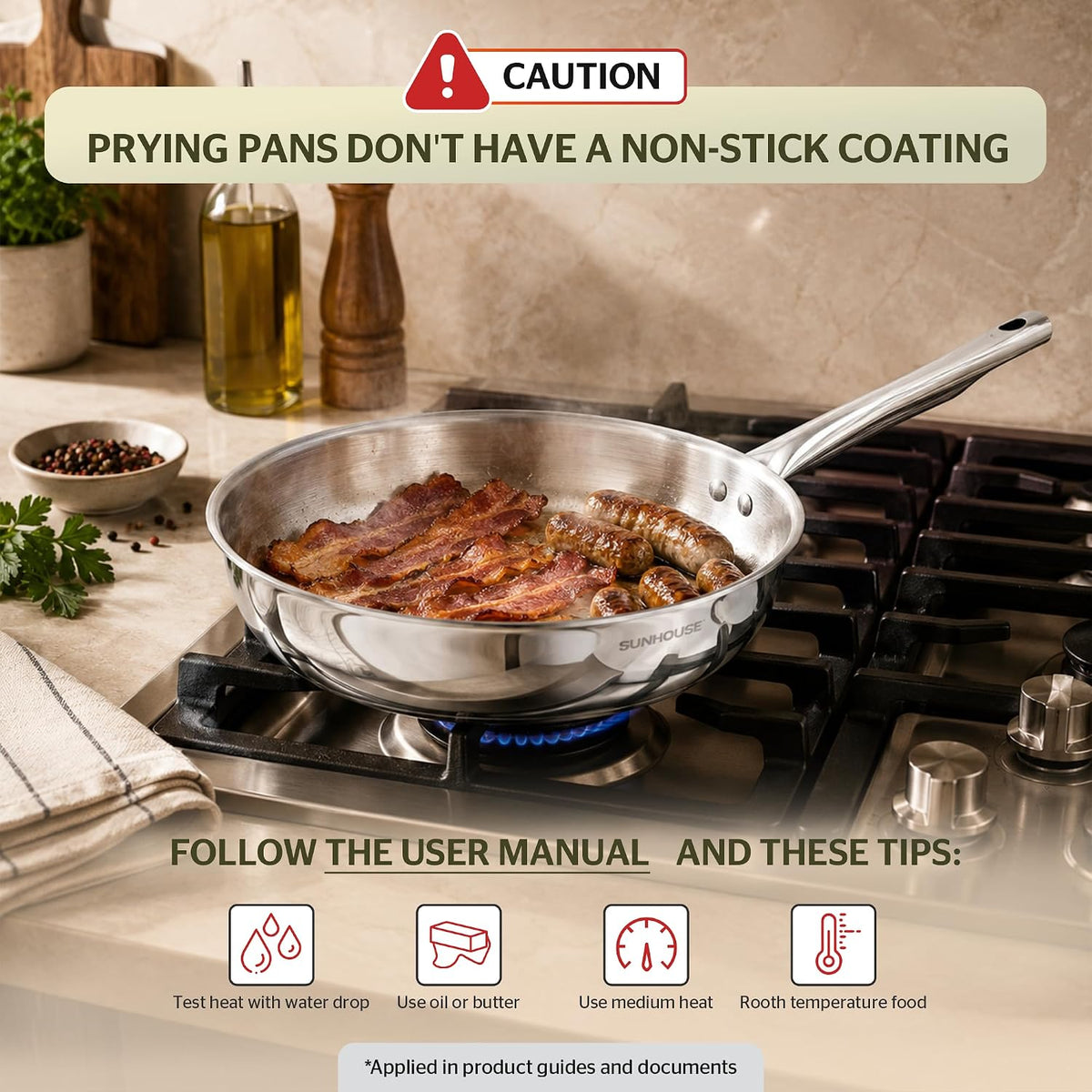 Sunhouse 18/10 9 Inch Stainless Steel Frying Pan, Whole-Clad No Coatings Skillet with Stay-cool Handle for Cooking, Durable & Oven Safe to 500°F, Dishwasher Safe, Compatible with All Cooktops