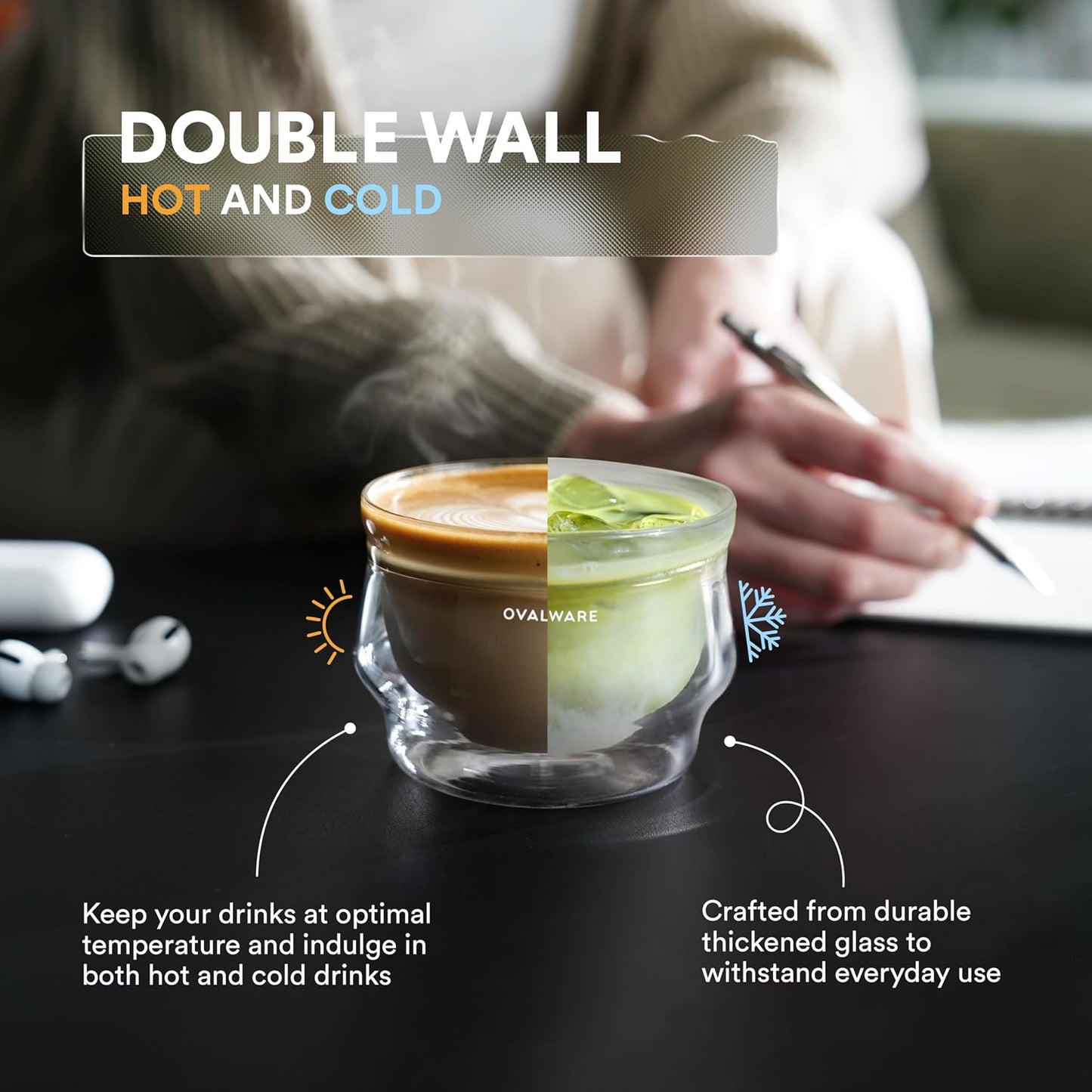 ovalware Double Wall Latte Art Cups 8.5oz/250ml | Set of 2, Wide Rim | Palm-Sized Borosilicate Build Keeps Beverages Hot or Iced | Ideal for Cappuccino &amp; Specialty Brewing | Clear
