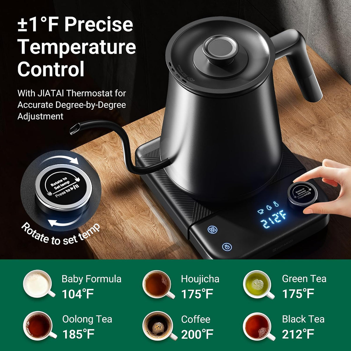 Gooseneck Electric Kettle HIYAKOI with ±1℉ Temperature Control, Pour Over Kettle for Coffee &amp; Tea, 1200W Rapid Heating, Stainless Steel Water Boiler with 12H Keep Warm &amp; Built-in Timer, 0.8L/27oz