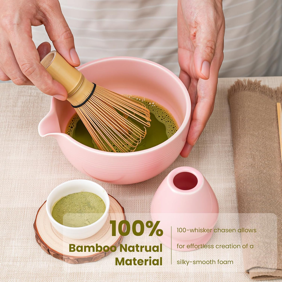 7Pcs Matcha Whisk Set, Matcha Set Whisk and Bowl | Bamboo Scoop, Scoop Rest, Sifter and Tea Towel, Matcha Kit W/Carved Cherry Blossm Pattern for Matcha Lovers (Pink)