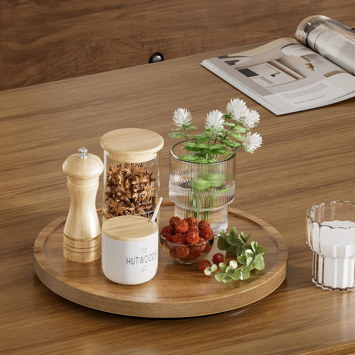 LAMU 10'' Acacia Wood Lazy Susan Organizer for Table Top, Lazy Susan Turntable for Cabinet, Kitchen, Countertop, Pantry Organization