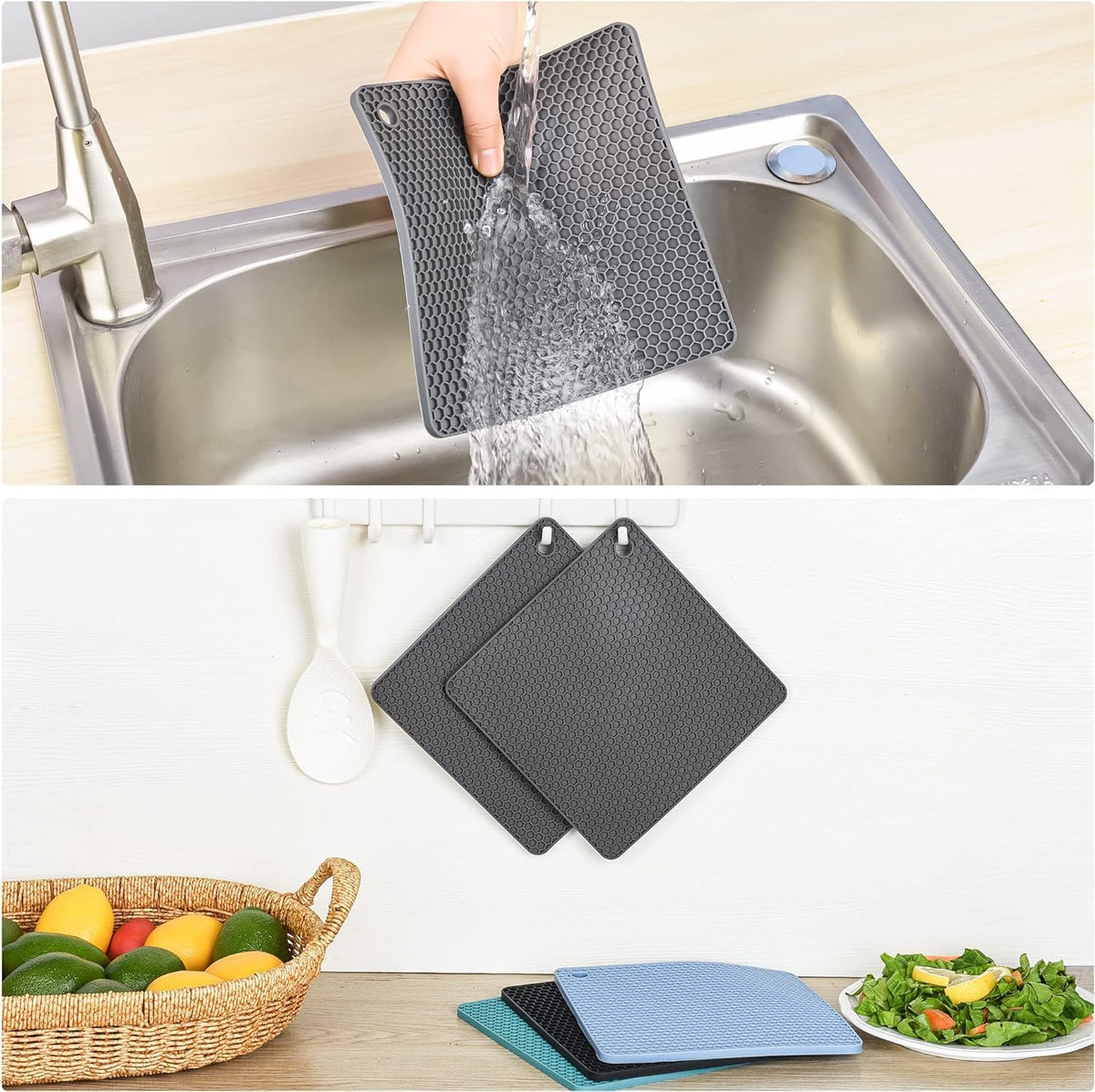 Silicone Trivets Mats, Silicone Hot Pads for Pot Holder, Square Trivets for Hot Dishes, Pots and Pans, Multipurpose Hot Pads for Kitchen Counter, Non Slip Heat Resistant Mats Set 4 Black