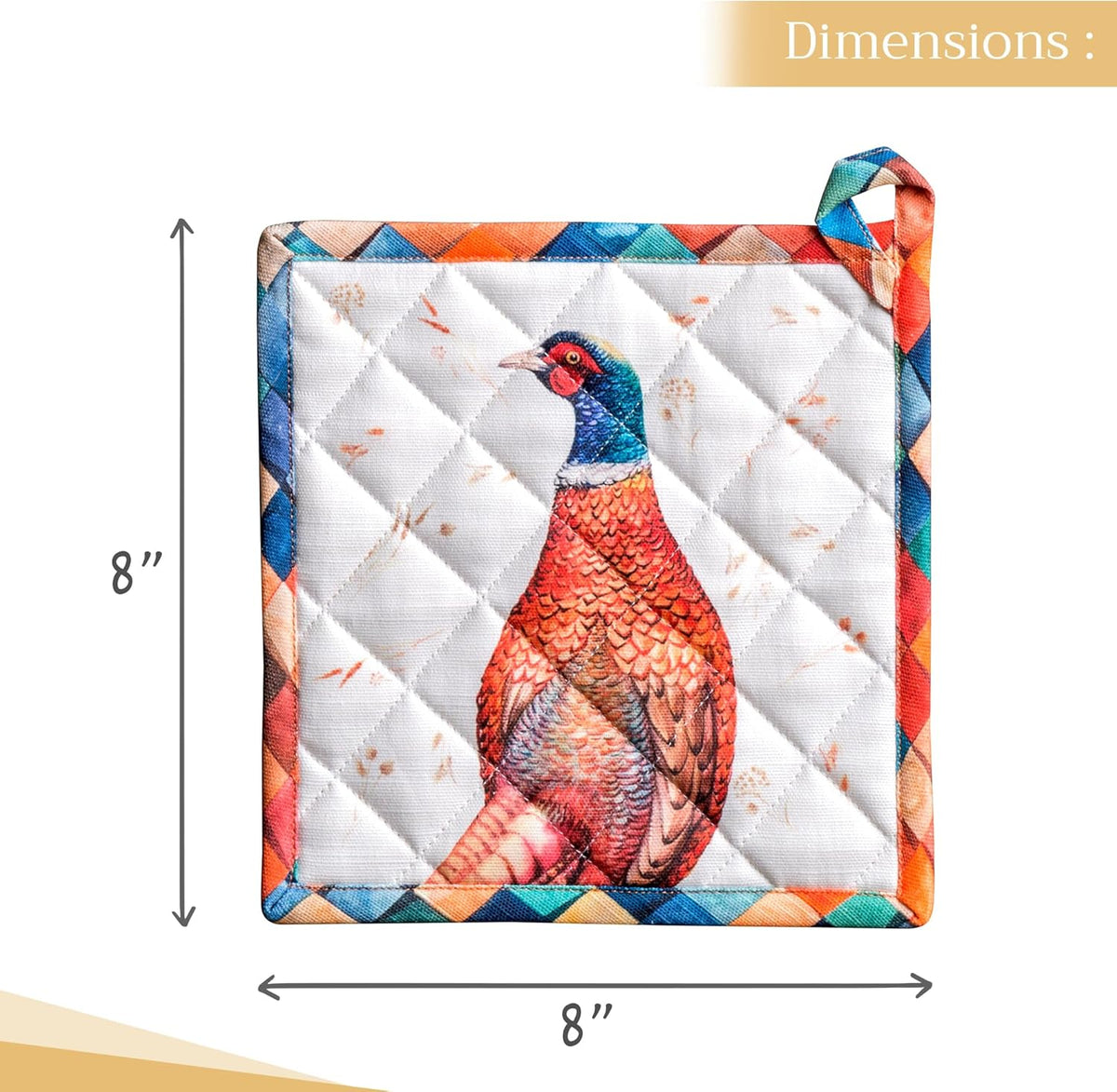 Maison d' Hermine Pot Holders Set 100% Cotton Heat Resistant Potholders 8" x 8" Hot Pads with Loop BBQ, Cooking, Baking, Grilling, Kitchen, Handling Hot Pans (Pack of 2, Faisan D'Automne)