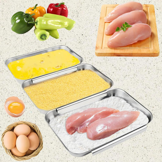 3-Piece Stainless Steel Breading Set – Interlocking Coating Trays for Chicken, Fish, Meat | Non-Slip, Dishwasher Safe, Oven