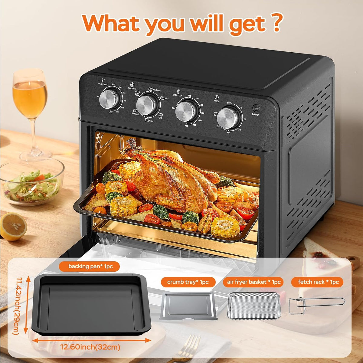 PlumChef 13 Quart 4 Slices Air Fryer Convection Toaster Oven, 1500W, Multifunction Oven for Roast, Bake, Grill, Broil, Toast（stainless steel）