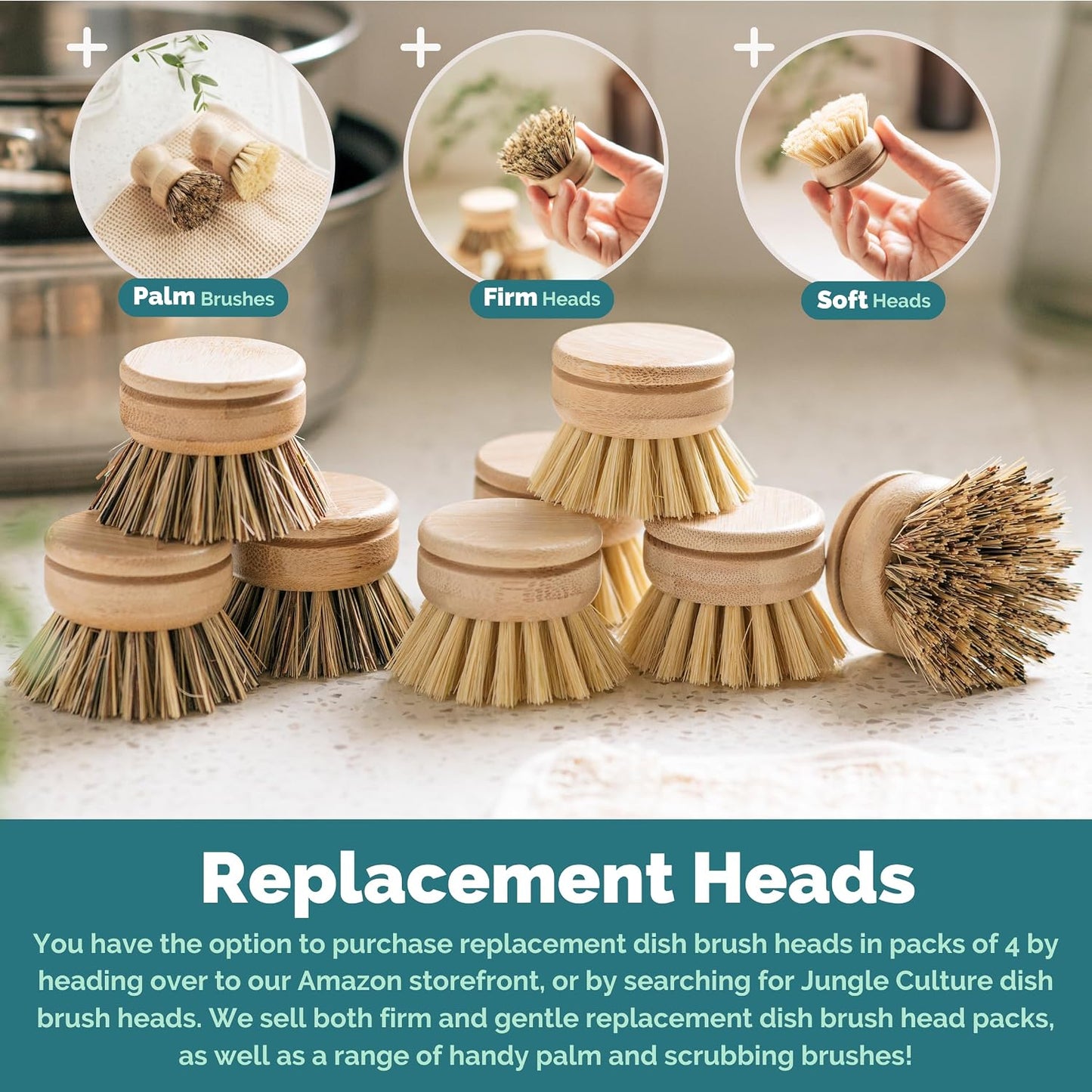 JUNGLE CULTURE Bamboo Dish Brush • 3 Swap Heads &amp; Loofah Sponge • 4 Piece