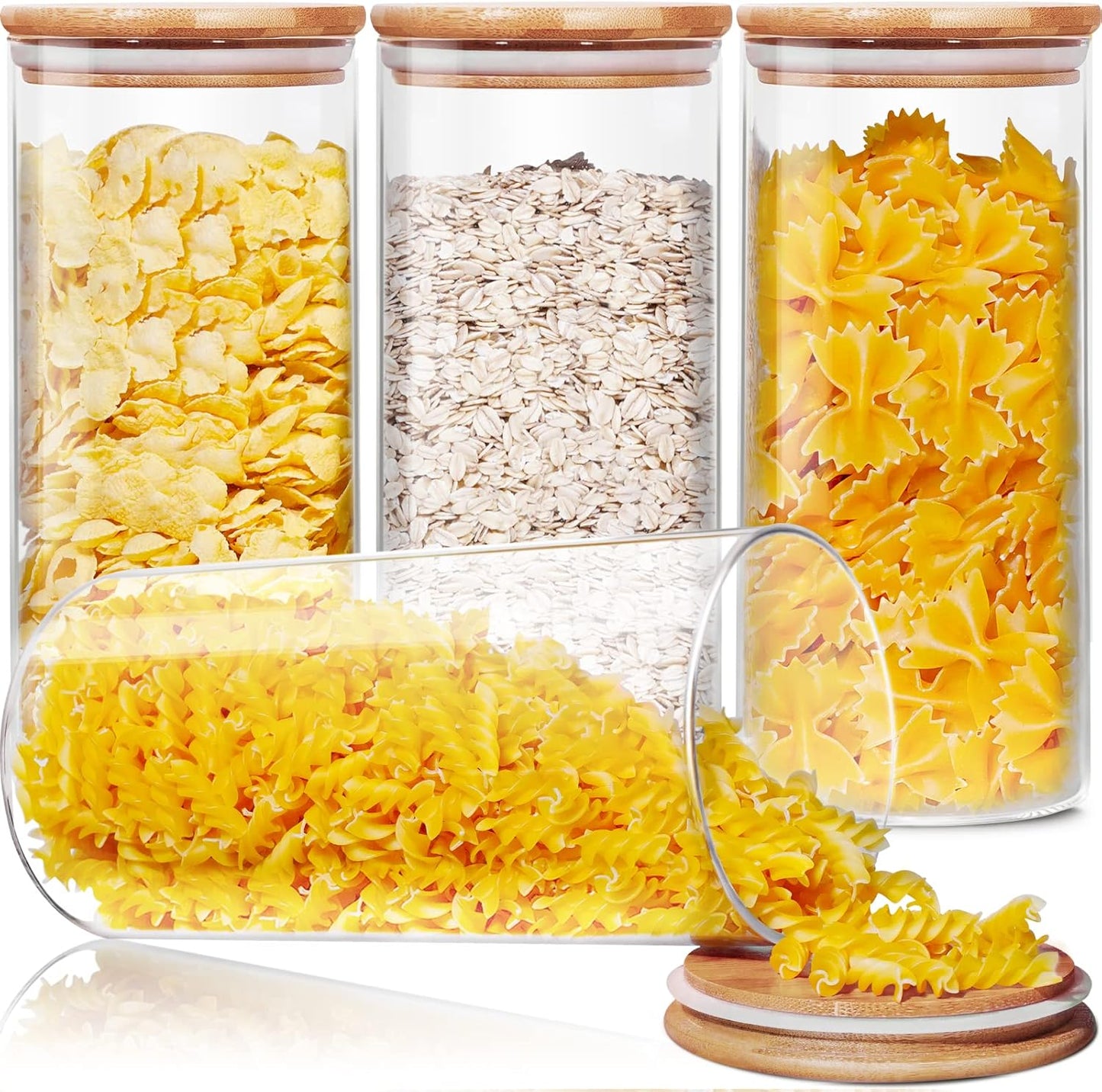Glass Jars with Bamboo Lids 53 FL OZ [Set of 4], Glass Canisters with Airtight Lids, Glass Food Storage Containers for Pasta, Oats, Coffee, Flour, Sugar, Rice, Best for Kitchen & Pantry