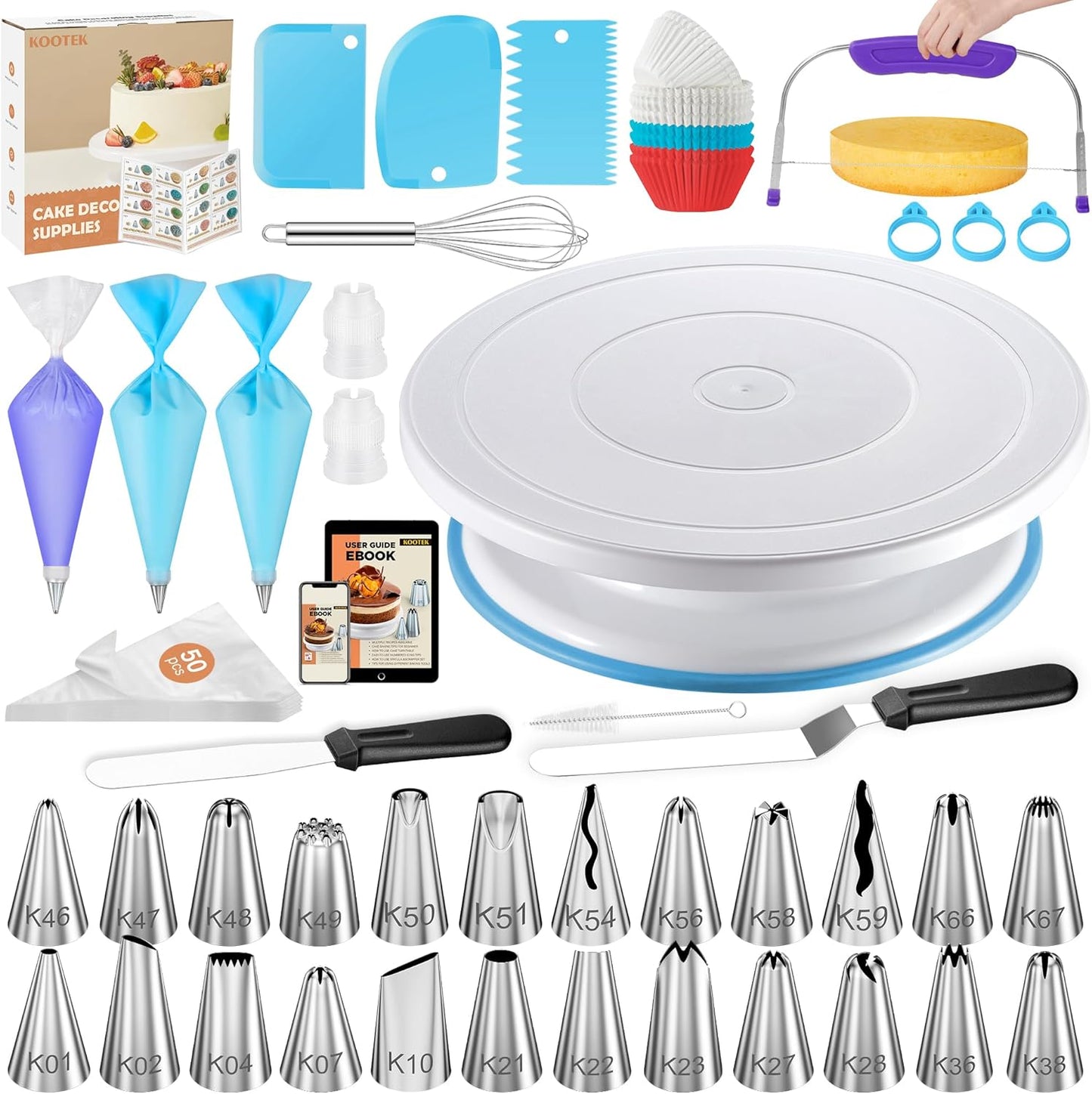 Kootek 140PCs Cake Decorating Kits, Baking Supplies Tools with Cake Stand Turntable, Piping Bags and
