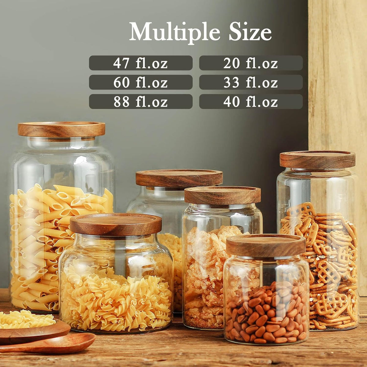 Labina Glass Storage Container Airtight Food Jars Kitchen Canister with Wood Lids, 47 Oz Wide Mouth Pantry Organization Glass Jar for Flour, Sugar, Cookie, Spagetti, Nuts and Candy (2 Pack)