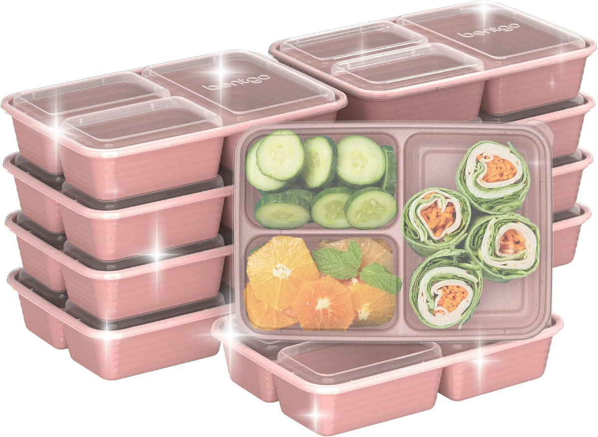 Bentgo Prep - 20-Piece 3-Compartment Reusable Meal Prep Containers with Lids, PFAS & BPA Free Materials, Durable, Microwave, Freezer, & Dishwasher Safe To Go Food Storage (Rosette Glitter)